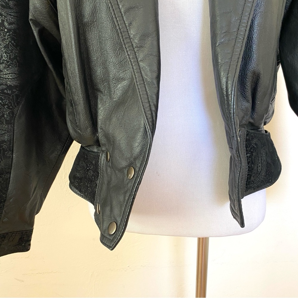 Vintage Wilson Leather Jacket Black XS Paisley Motorcycle Jacket 80’s 90’s Crop - Picture 2 of 16